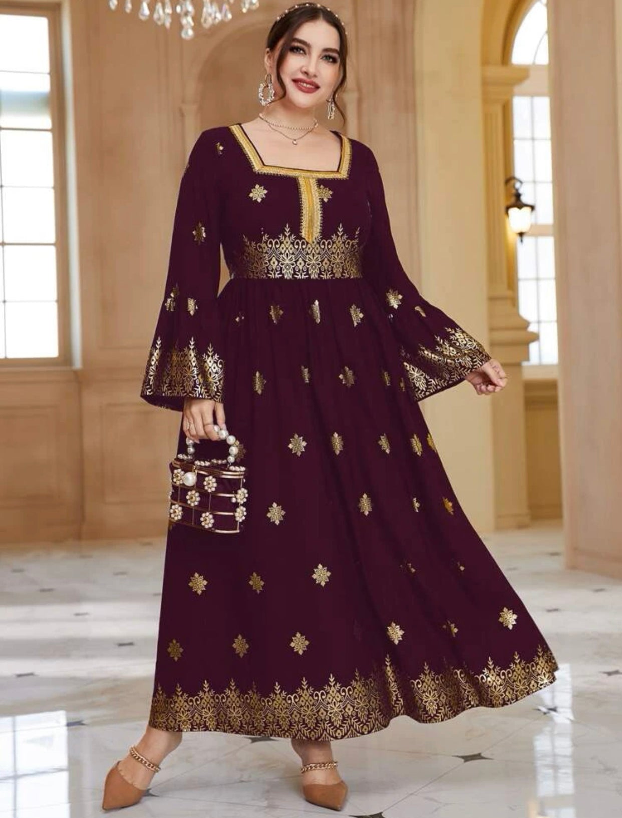 Elegant Arabic/Indian Golden Floral Trumpet Sleeve Dress, US Sizes 12 - 22