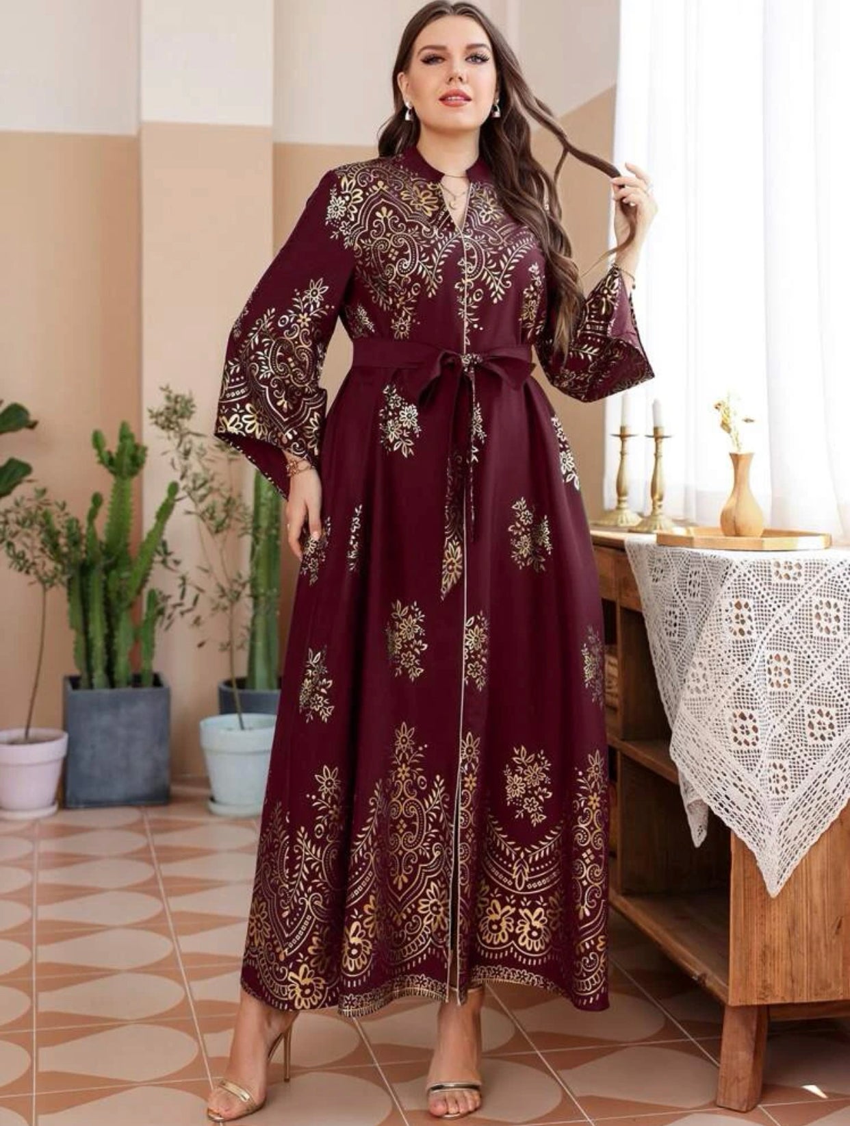 Burgundy Gold Floral Indian/ Arabic Dress (US Sizes 12 - 20)