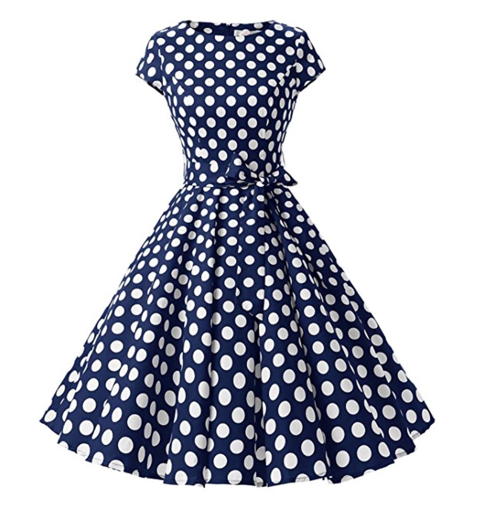 1950s Inspired Retro Inspired Dress, Navy Blue with Large White Polka ...