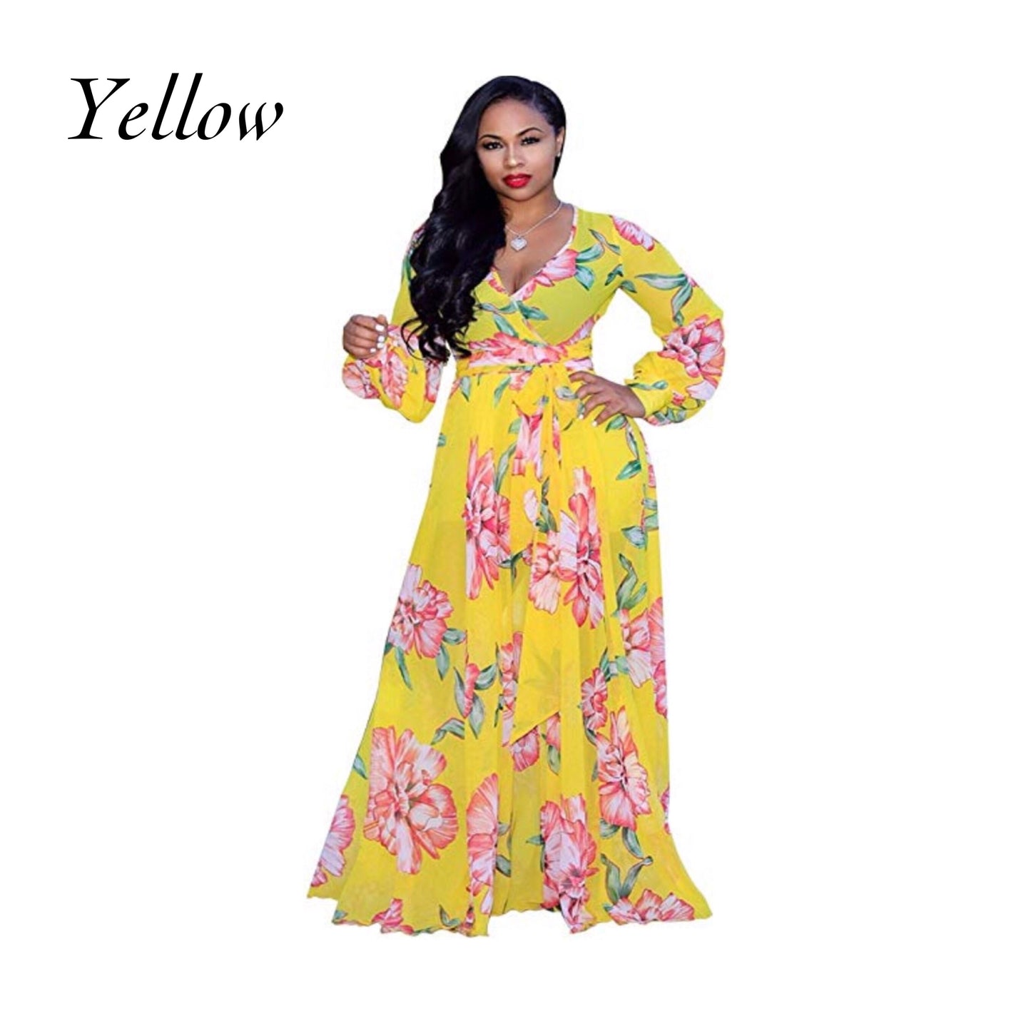 Stylish Chiffon V-Neck Floral Maxi Dress with Waisted Belt - Plus Size