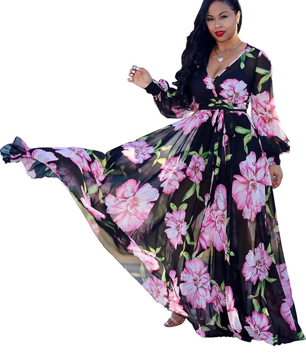 Stylish Chiffon V-Neck Floral Maxi Dress with Waisted Belt - Plus Size